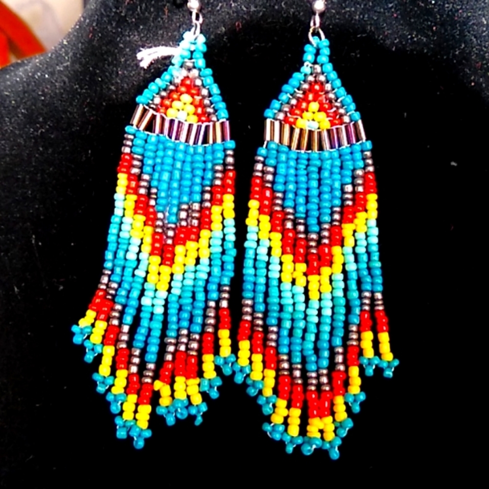 Amwrcan Indian made,multi colored glass bead earrings
